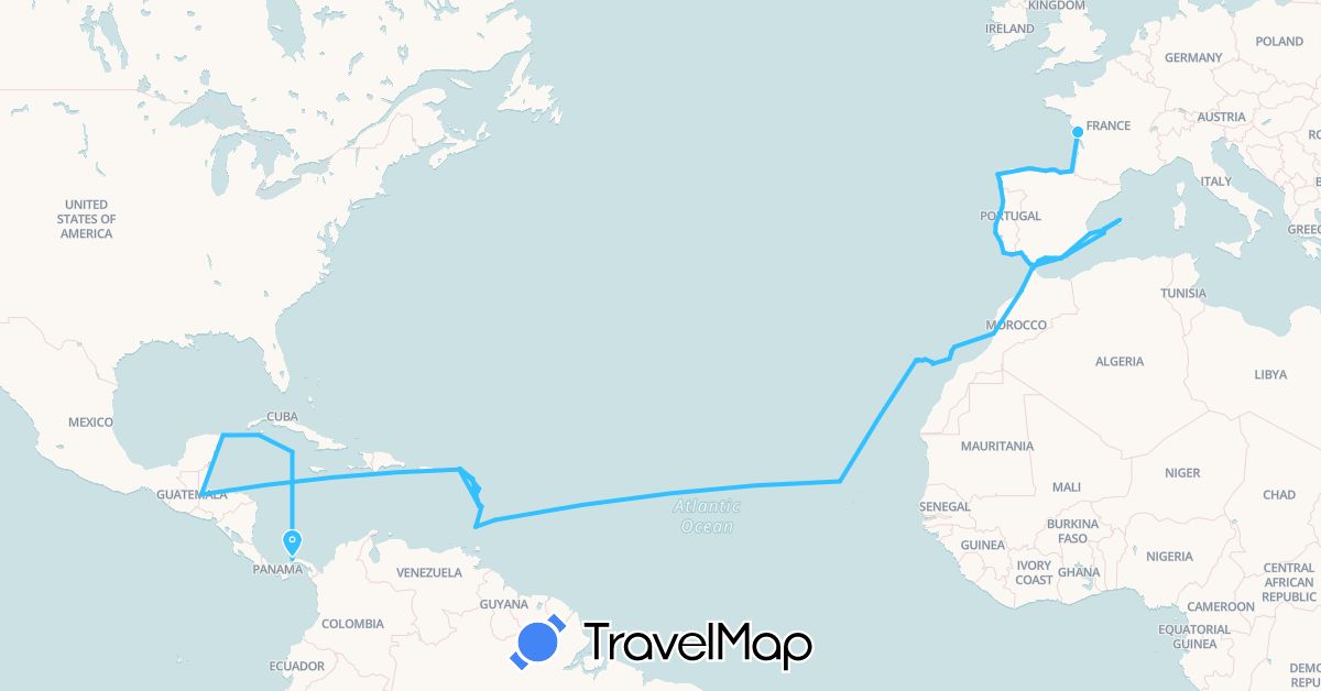 TravelMap itinerary: driving, boat in Antigua and Barbuda, Barbados, Cape Verde, Dominica, Spain, France, Grenada, Gibraltar, Guatemala, Cayman Islands, Morocco, Mexico, Netherlands, Panama, Portugal, Saint Vincent and the Grenadines (Africa, Europe, North America)